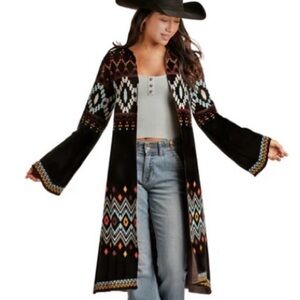 Black Aztec-Print Long Open Front Cardigan